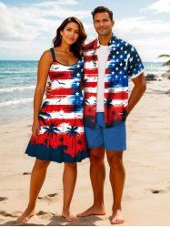 Patriotic American Flag Coconut Tree Bird Print Plus Size Matching Hawaii Beach Outfit For Couples -  