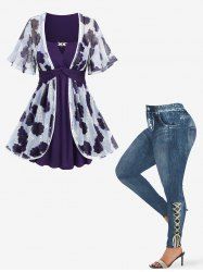 Tie Dye Flower Graphic Mesh Jacquard Embroidered Top and Distressed Ombre Denim Print Leggings Plus Size Outfit -  