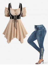 Textured Ruffles Lace Up Crochet 2 in 1 Corset Top and Distressed Ombre Denim Print Leggings Plus Size Outfit -  