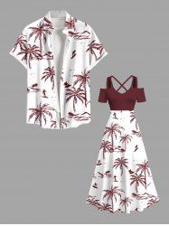 Tenue de plage hawaïenne grande taille à imprimé cocotiers et surfeurs pour couples - Rouge 