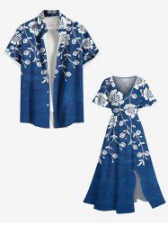 Tenue de plage hawaïenne assortie grande taille à imprimé bicolore, motif fleur, feuille, branche, pour couple - Bleu 