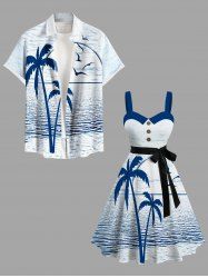 Tenue de plage hawaïenne assortie grande taille à imprimé cocotier et oiseaux marins pour couples - Bleu 