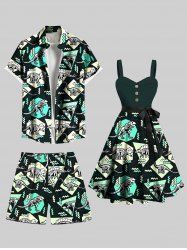Tenue de plage hawaïenne assortie grande taille à imprimé dinosaure zigzag et blocs de couleurs géométriques pour couples - Noir 