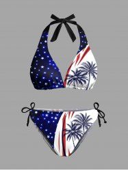Coconut Tree Patriotic American Flag Curve Glitter Stars Print Hawaii Plunging Halter Backless Bikini Set -  