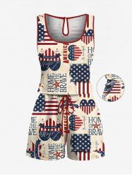 Plus Size Patriotic American Flag Heart Letters Print Hawaii Drawstring Pocket Romper -  