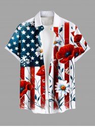 Plus Size Patriotic American Flag Floral Print Hawaii Button Pocket Shirt For Men -  