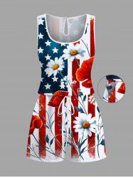 Combinaison grande taille à imprimé floral et drapeau américain patriotique hawaïen avec cordon de serrage et poches - Rouge S
