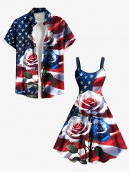 Patriotic American Flag Rose Flower Print Plus Size Matching Hawaii Beach Outfit For Couples -  