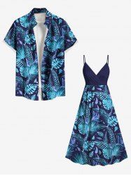 Tenue de plage hawaïenne assortie grande taille à imprimé feuilles tropicales et fleurs pour couples - Bleu 