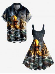 Octopus Ship Sea Waves Cruise Print Plus Size Matching Hawaii Beach Outfit For Couples -  
