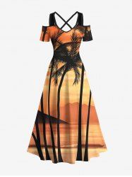 Plus Size Coconut Tree Seascape Ombre Sky Print Cold Shoulder Crisscross Hawaii Maxi Dress -  