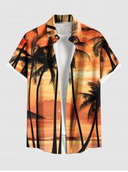 Chemise hawaïenne grande taille à imprimé cocotiers, paysage marin, ciel ombré, boutons et poches pour homme - orange clair 3XL