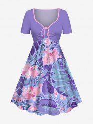 Plus Size Tropical Leaf Hibiscus Flower Print Cinched Hawaii Dress -  