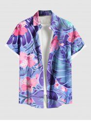 Plus Size Tropical Leaf Hibiscus Flower Print Buttons Pocket Hawaii Shirt For Men -  