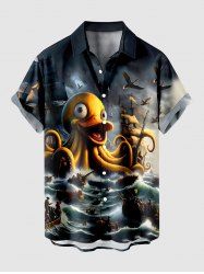 Plus Size Octopus Ship Sea Waves Cruise Print Buttons Pocket Hawaii Shirt For Men -  