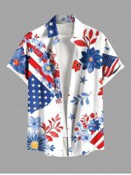 Plus Size Patriotic American Flag Floral Leaves Print Hawaii Button Pocket Shirt For Men -  