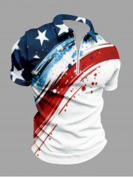 Polo grande taille à col rabattu et fermeture éclair, imprimé éclaboussures de peinture du drapeau américain patriotique, pour homme - Blanc 2XL
