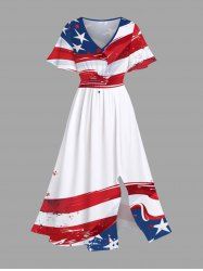 Plus Size Patriotic American Flag Paint Splatter Print Split Midi Dress - Blanc L