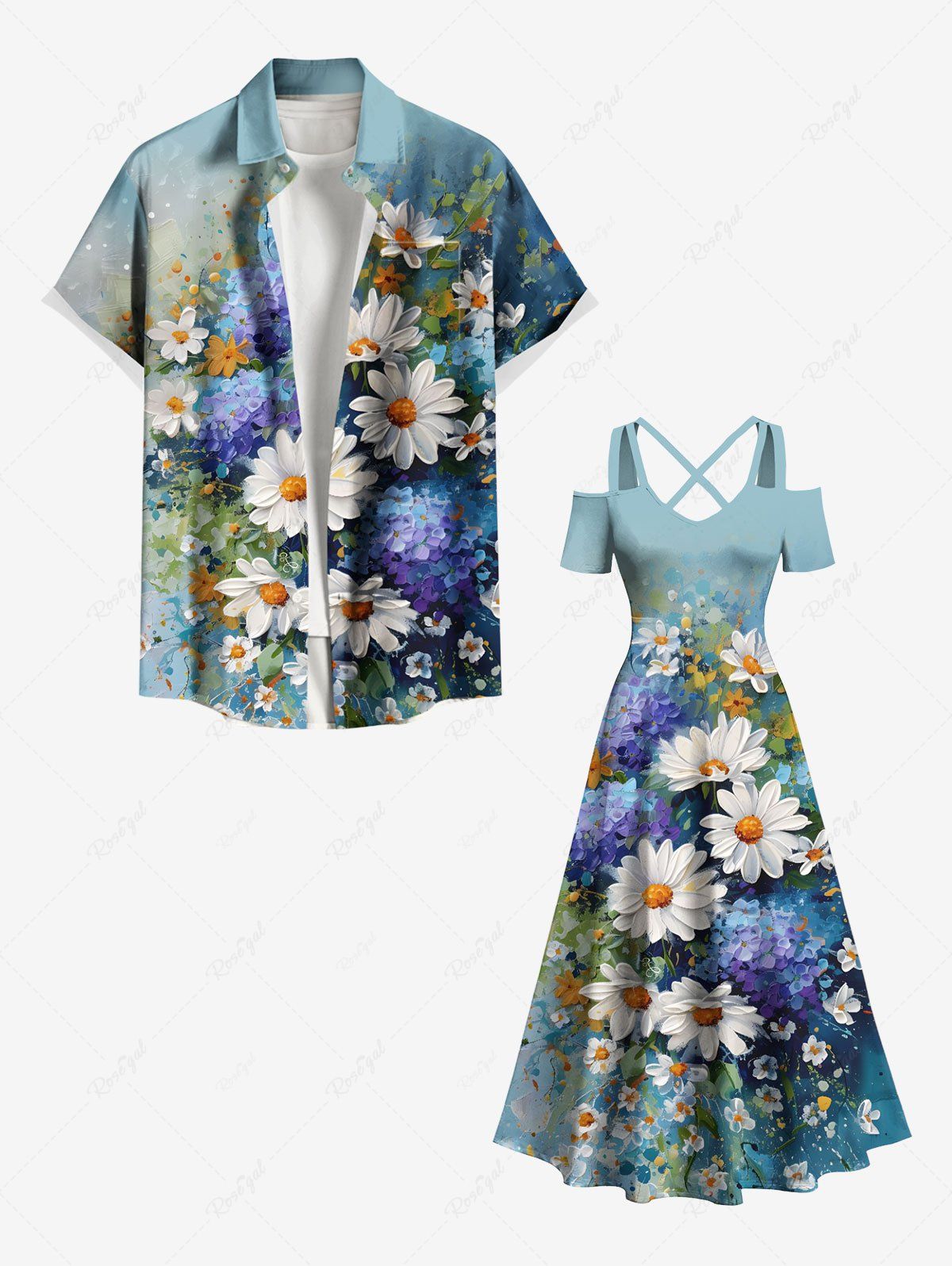 Impression de peinture à l'huile de marguerites et de feuilles, grande taille, tenue de plage hawaïenne assortie pour couples Multi-A 