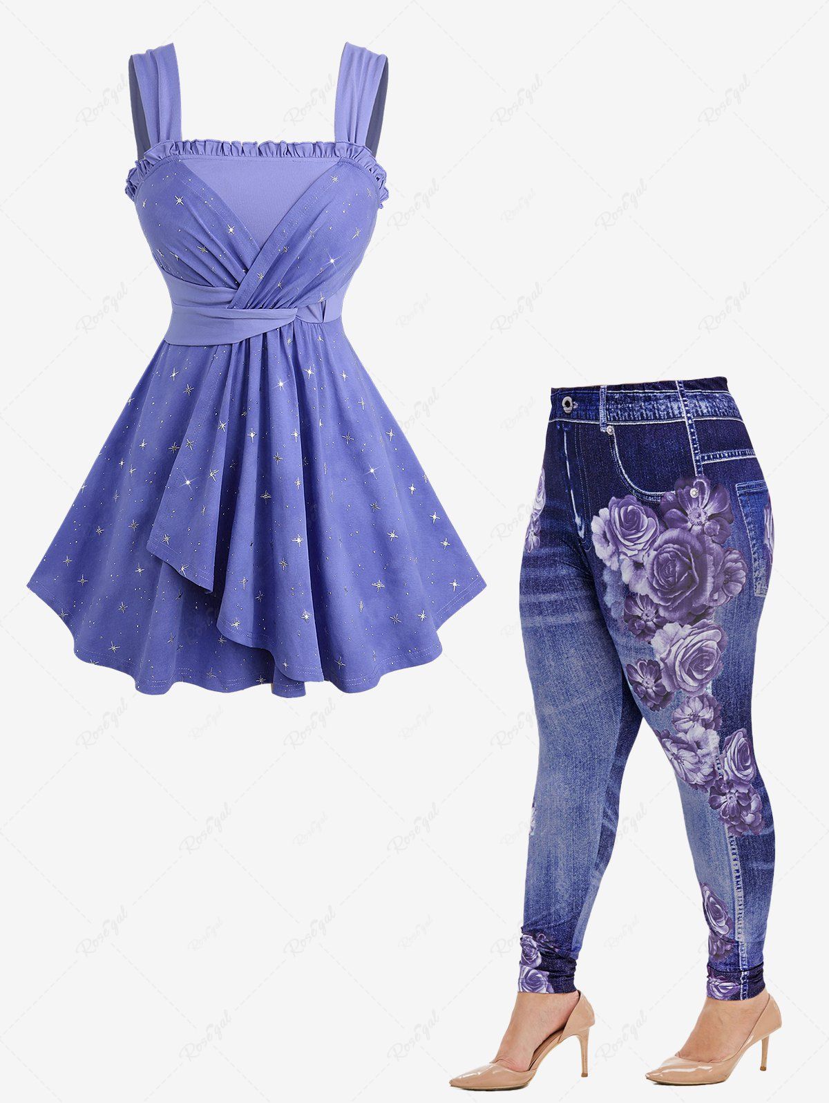 Cheap Star Silver Stamping Tulip Hem Tank Top and High Rise Floral Gym 3D Jeggings Plus Size Outfit  