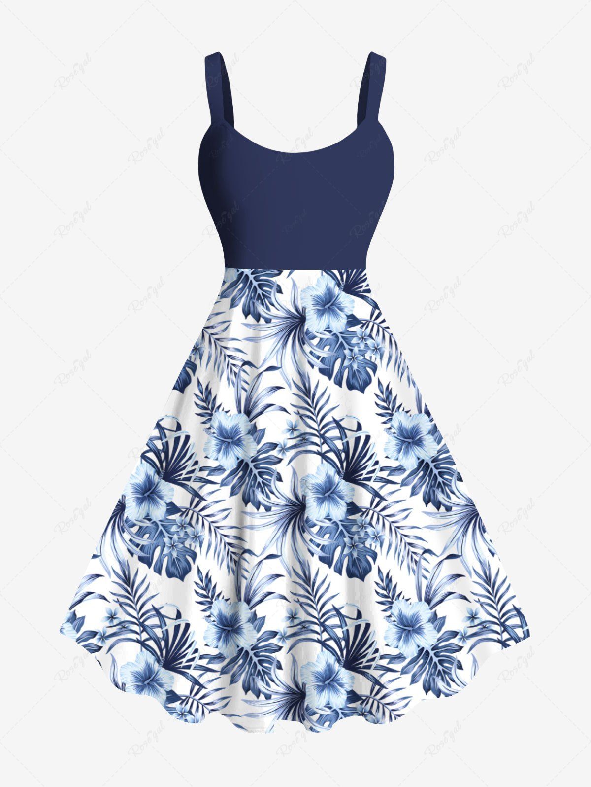 Outfit Plus Size Floral Tropical Leaves Print Hawaii A Line Tank Dress  
