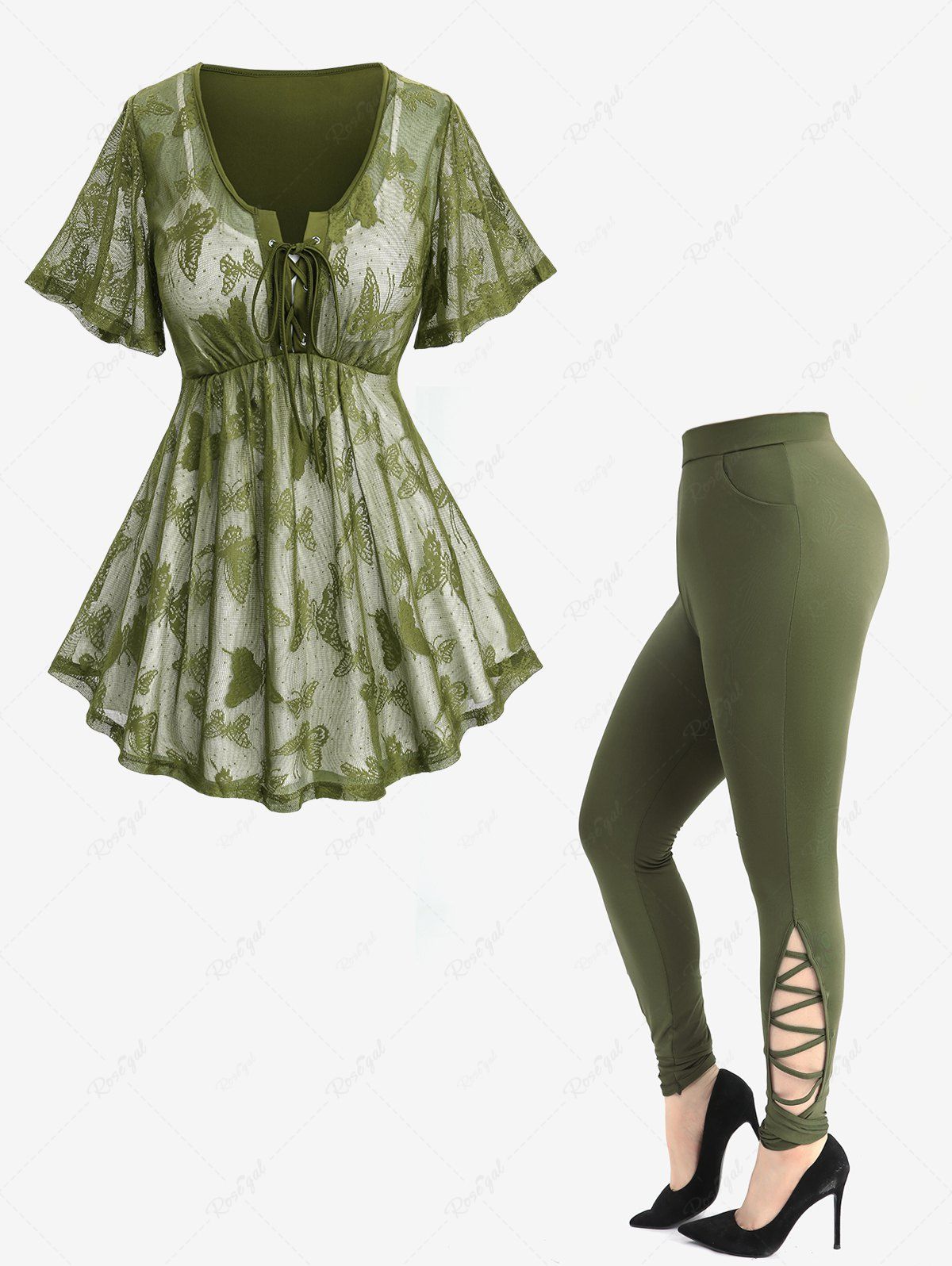 Trendy Lace-up Butterfly Lace Overlay Twofer Tee and Hollow Out Crisscross Side Skinny Leggings Plus Size Outfit  