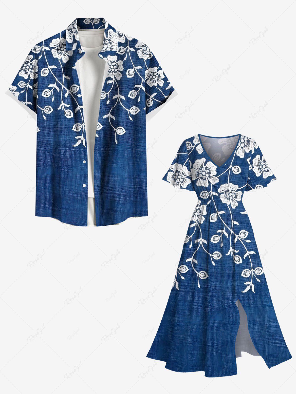 Tenue de plage hawaïenne assortie grande taille à imprimé bicolore, motif fleur, feuille, branche, pour couple Bleu 