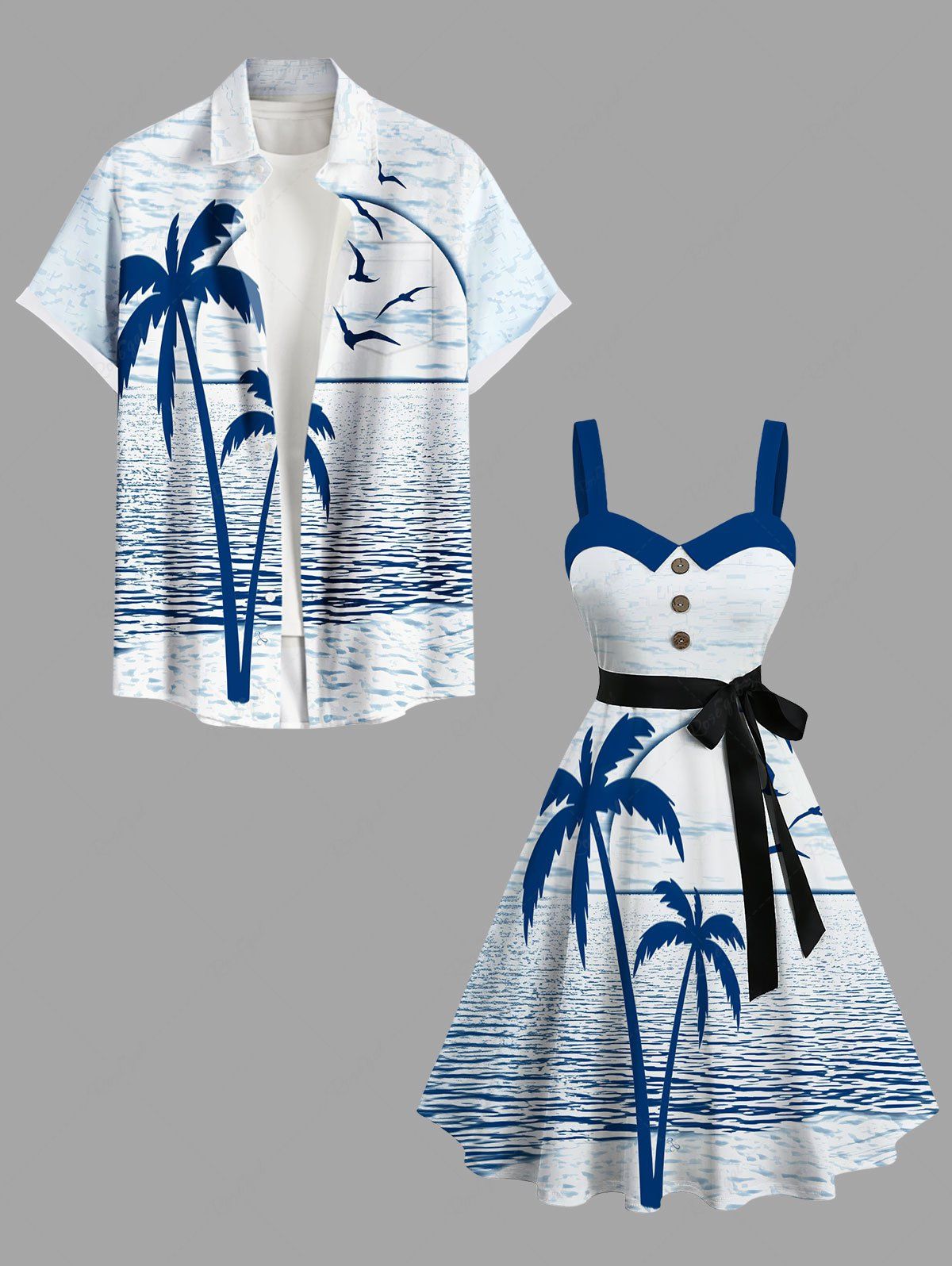 Tenue de plage hawaïenne assortie grande taille à imprimé cocotier et oiseaux marins pour couples Bleu 