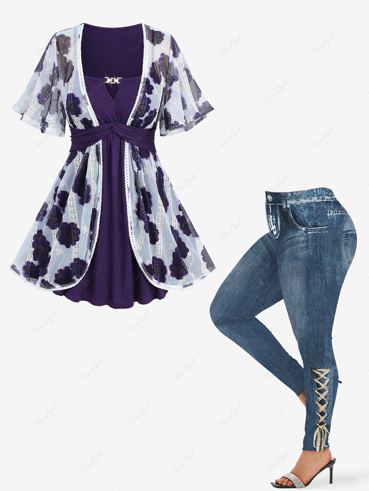 Outfits Tie Dye Flower Graphic Mesh Jacquard Embroidered Top and Distressed Ombre Denim Print Leggings Plus Size Outfit  