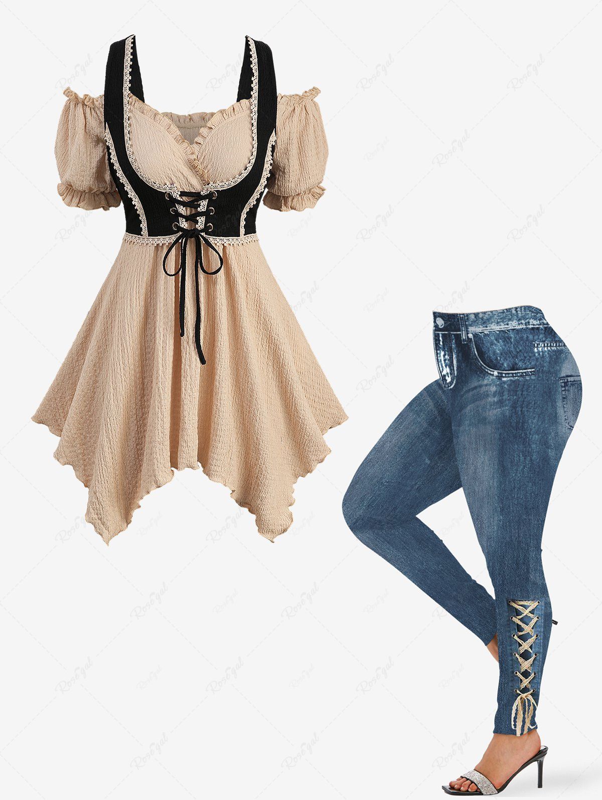 Fancy Textured Ruffles Lace Up Crochet 2 in 1 Corset Top and Distressed Ombre Denim Print Leggings Plus Size Outfit  