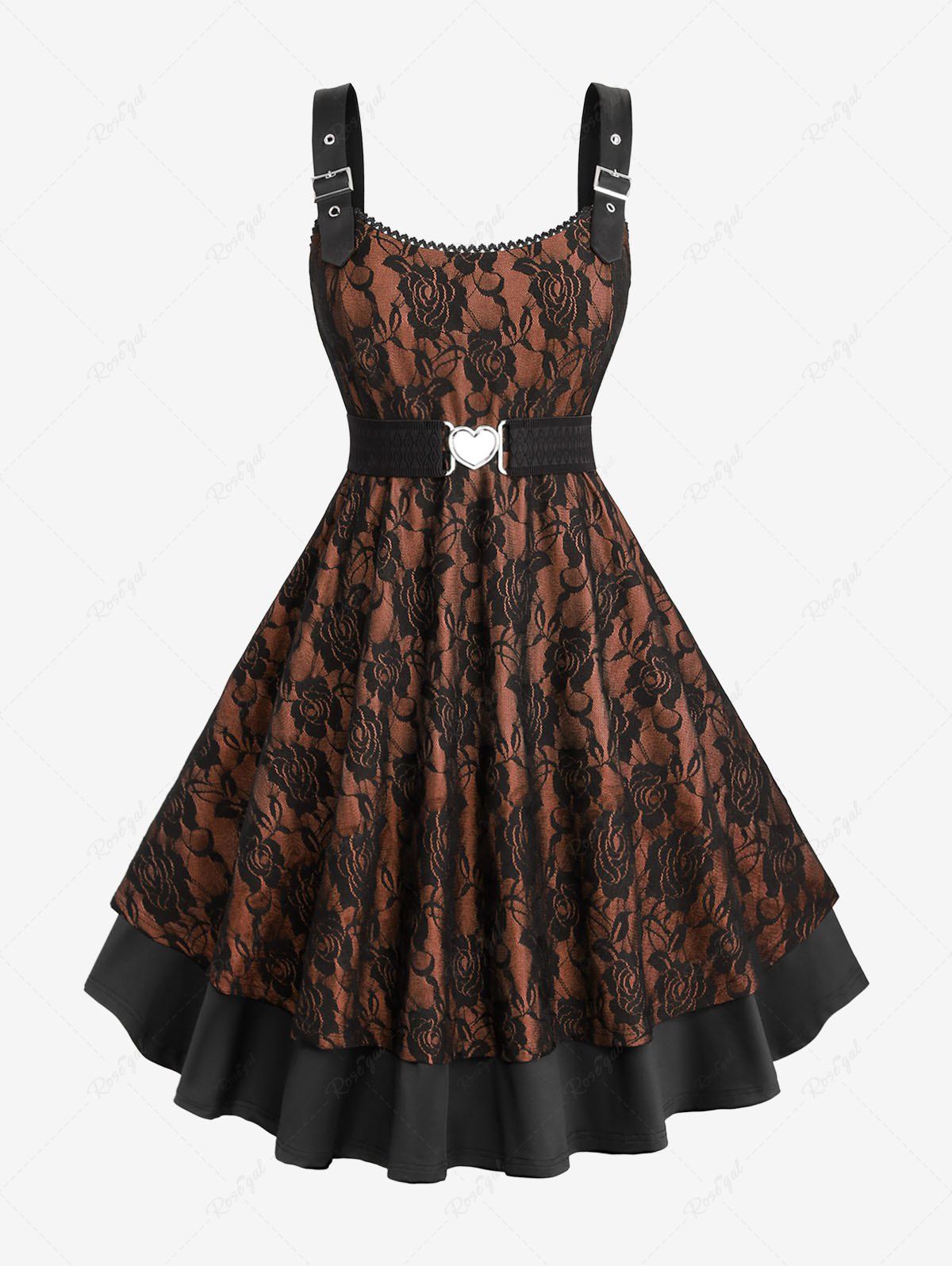 Robe trapèze grande taille à empiècements superposés en dentelle et fleurs roses avec ceinture amovible café 4X | US 26-28