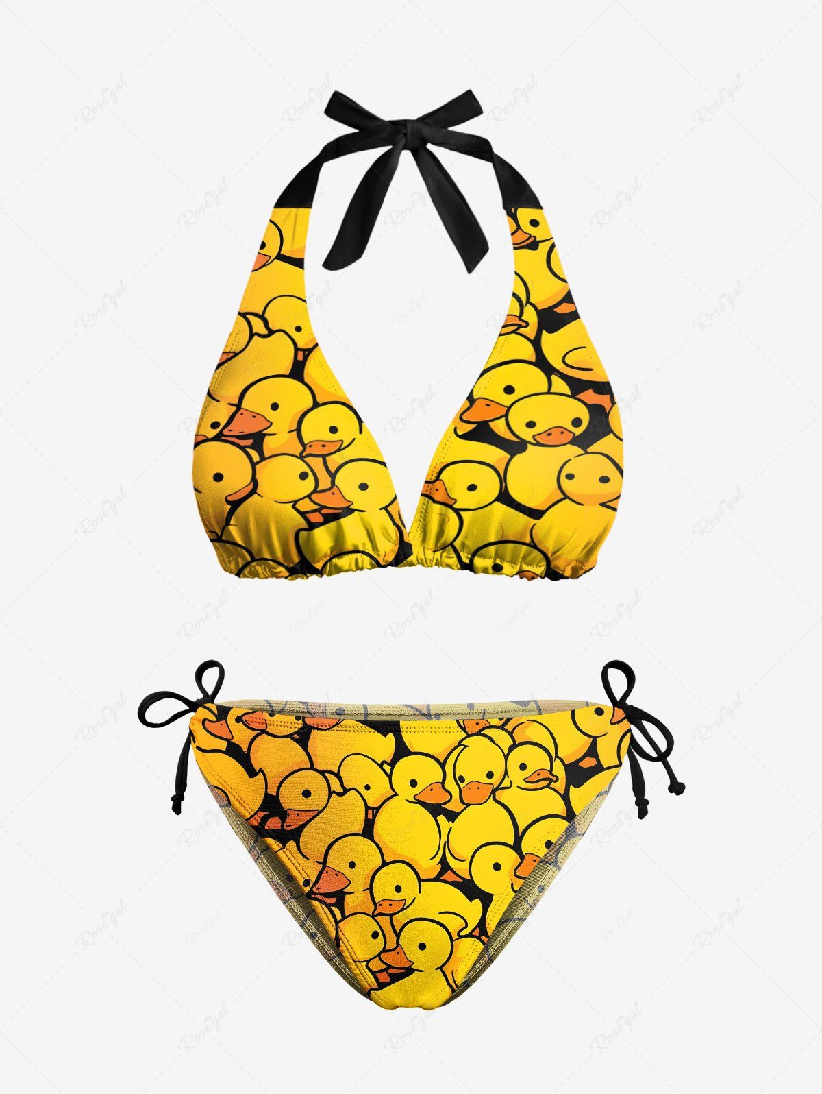 Chic Cute Duck Print Plunging Halter Backless Tied Hawaii Bikini Set  