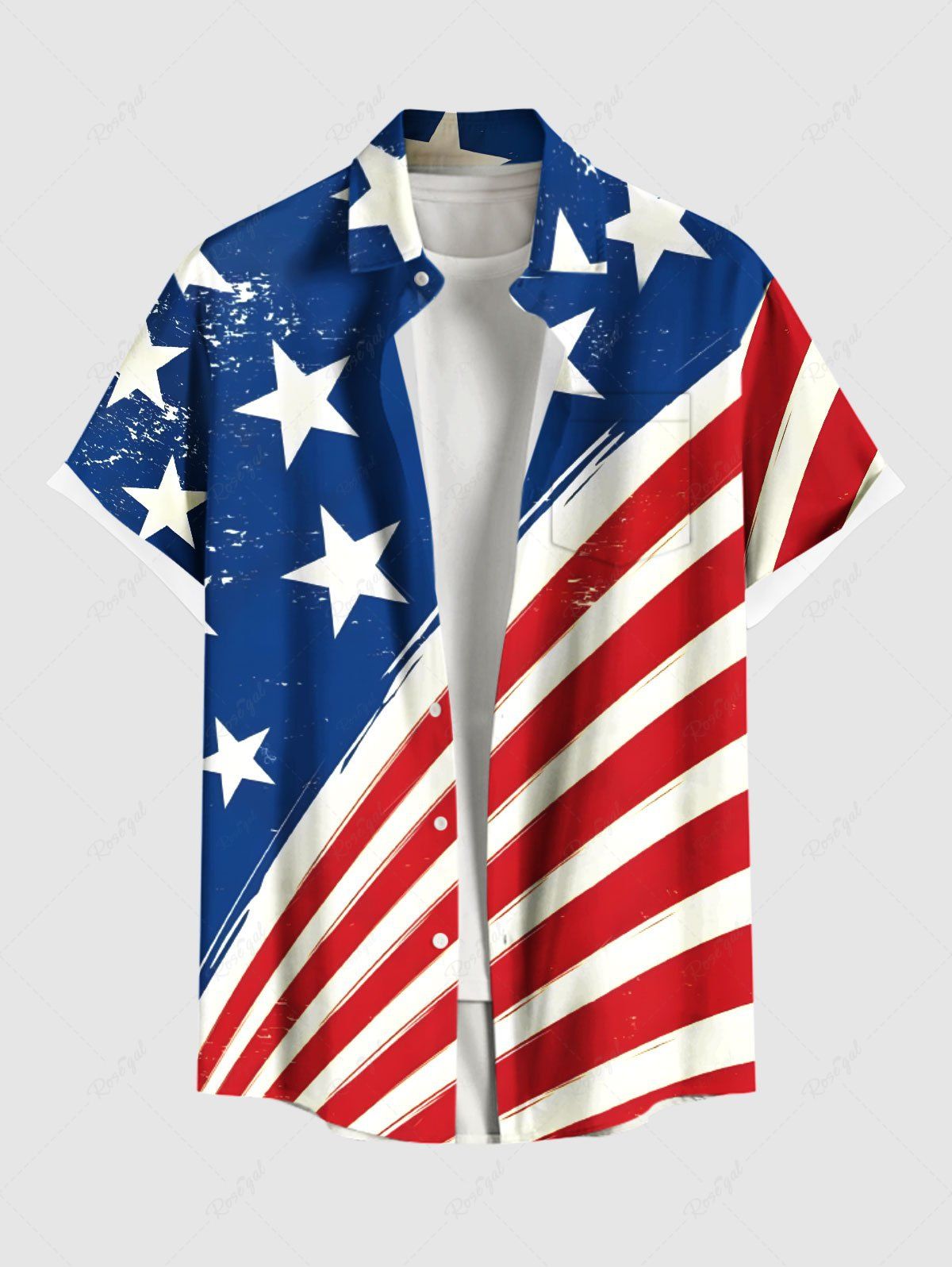 Chemise grande taille à imprimé drapeau américain patriotique et à rayures avec poches boutonnées pour homme Rouge 4XL