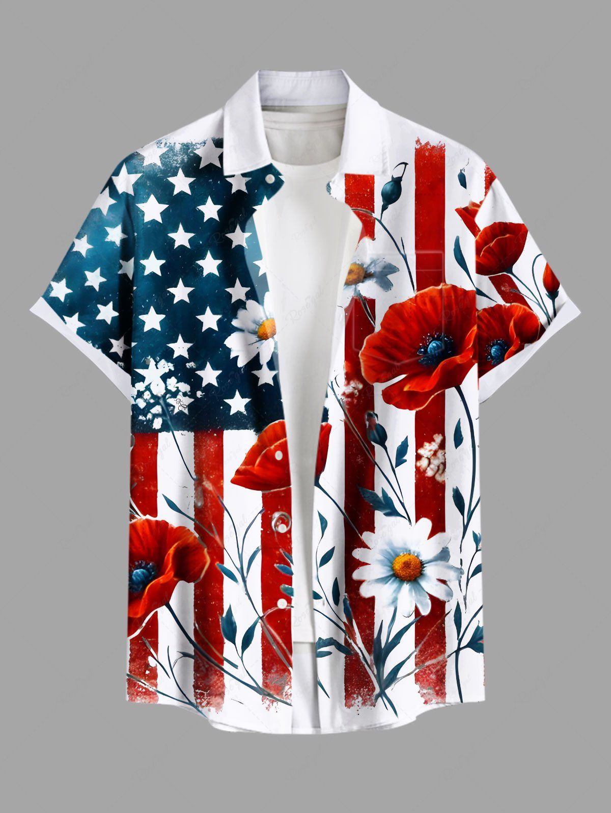 Store Plus Size Patriotic American Flag Floral Print Hawaii Button Pocket Shirt For Men  