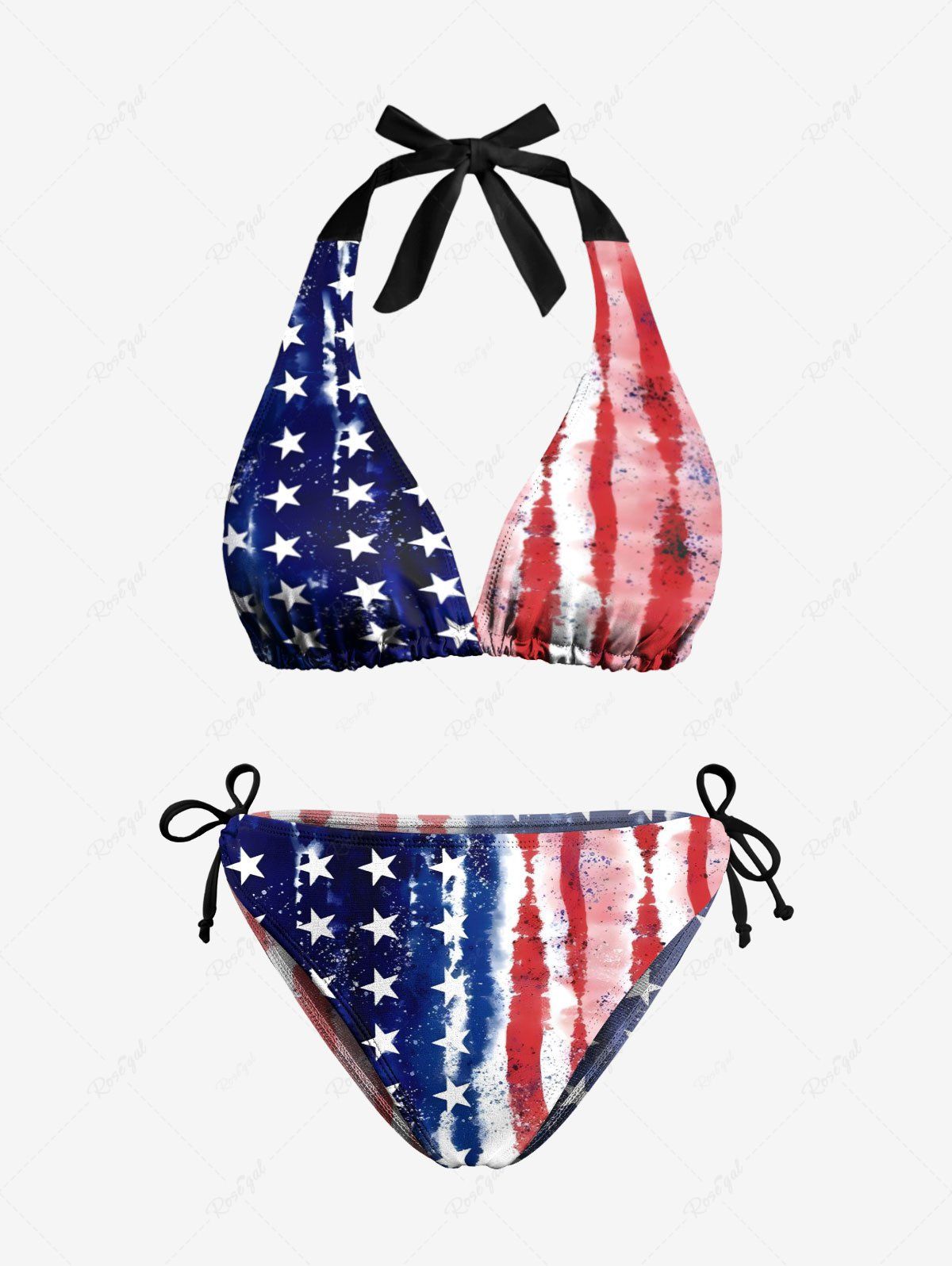 Store Distressed Patriotic American Flag Print Plunging Halter Backless Bikini Set  
