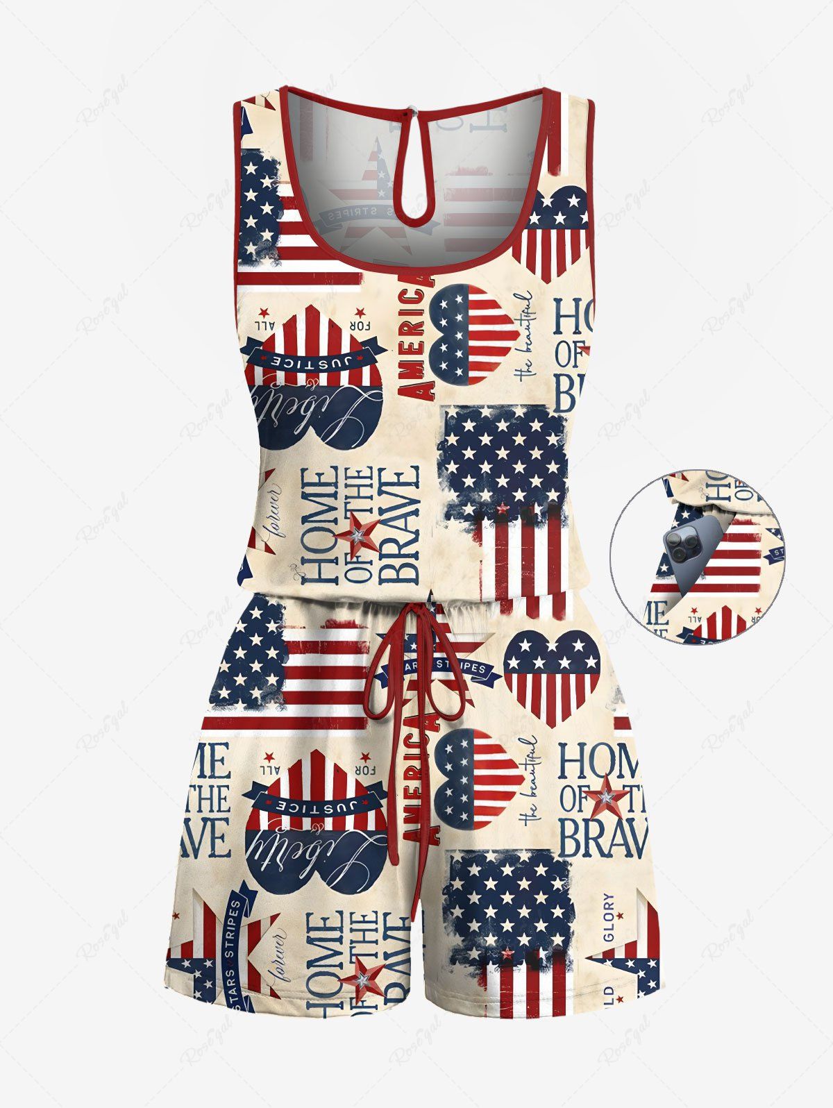 Combinaison grande taille avec imprimé drapeau américain patriotique et lettres en forme de cœur et cordon de serrage Hawaïen café lumière L