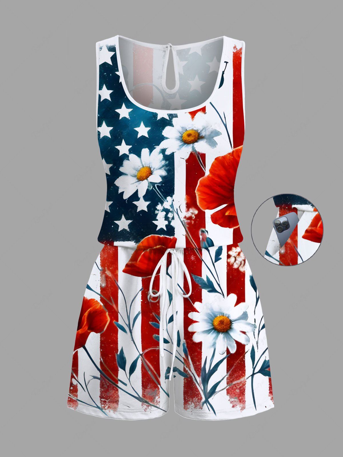 Combinaison grande taille à imprimé floral et drapeau américain patriotique hawaïen avec cordon de serrage et poches Rouge 4X
