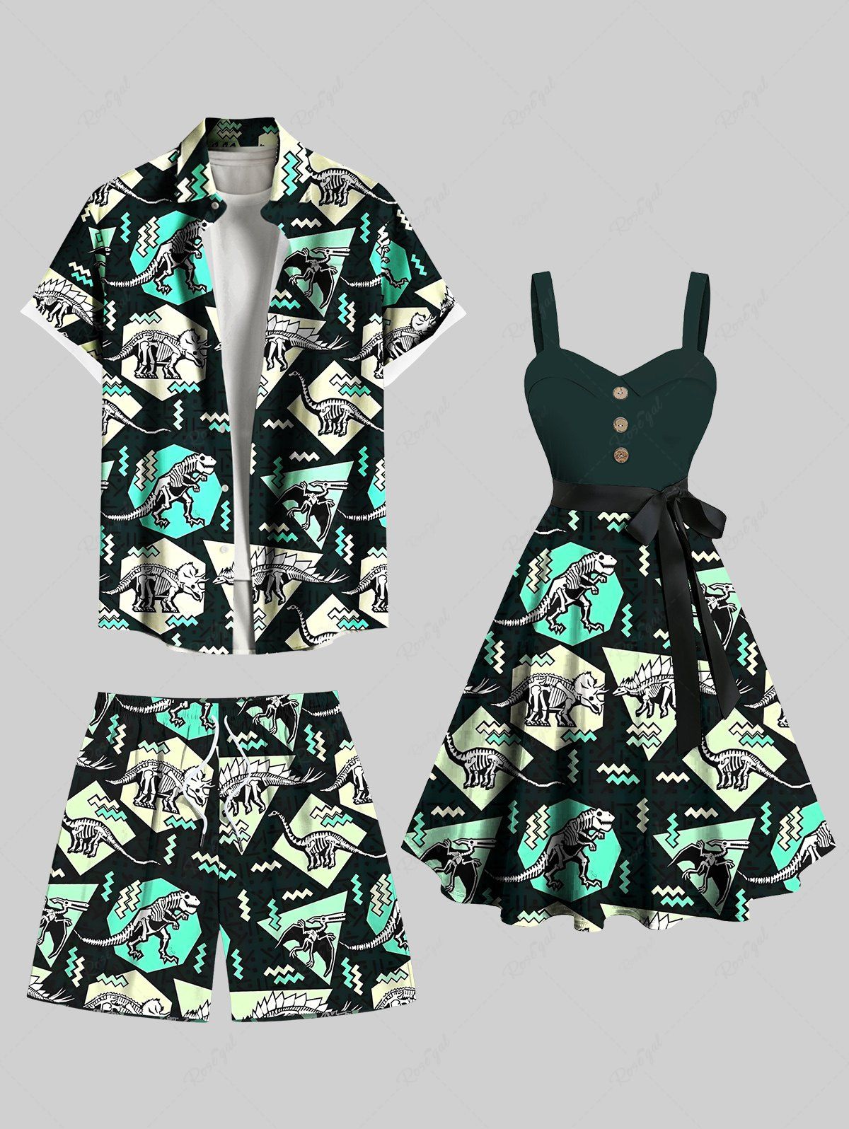 Tenue de plage hawaïenne assortie grande taille à imprimé dinosaure zigzag et blocs de couleurs géométriques pour couples Noir 