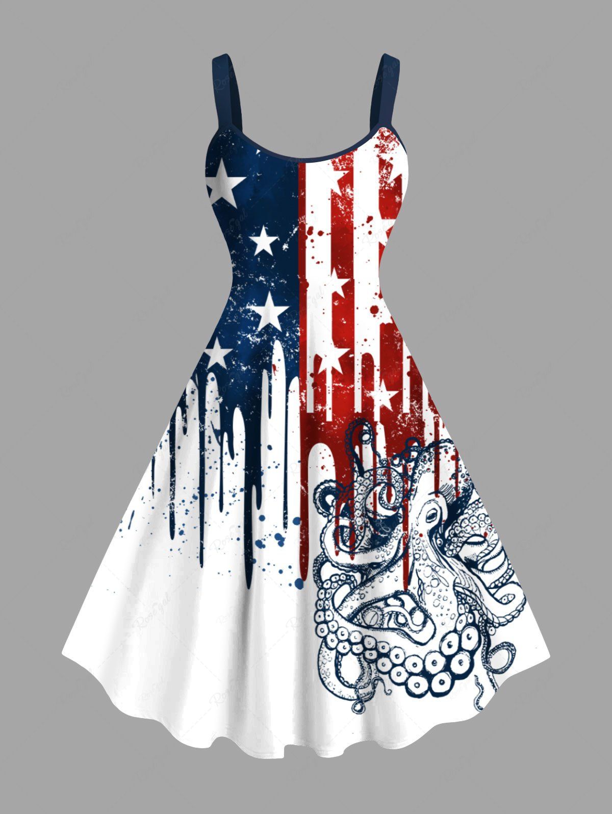 Fashion Plus Size Patriotic American Flag Octopus Paint Drops Print Tank Dress  