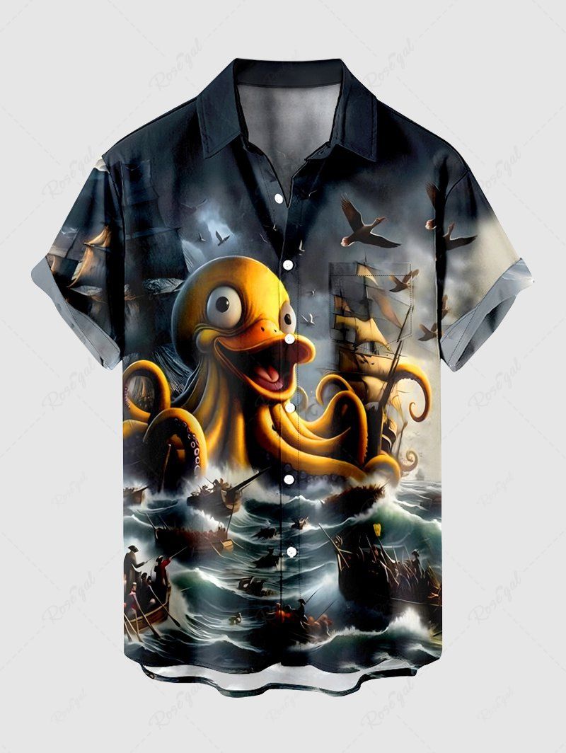 Hot Plus Size Octopus Ship Sea Waves Cruise Print Buttons Pocket Hawaii Shirt For Men  