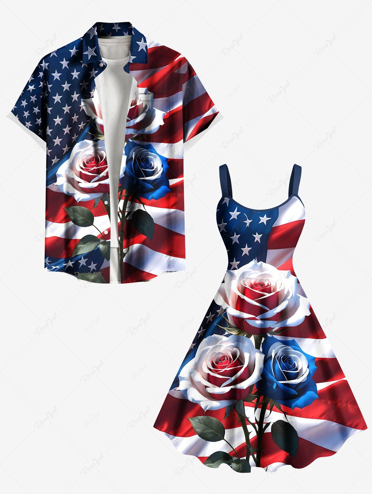 Outfits Patriotic American Flag Rose Flower Print Plus Size Matching Hawaii Beach Outfit For Couples  