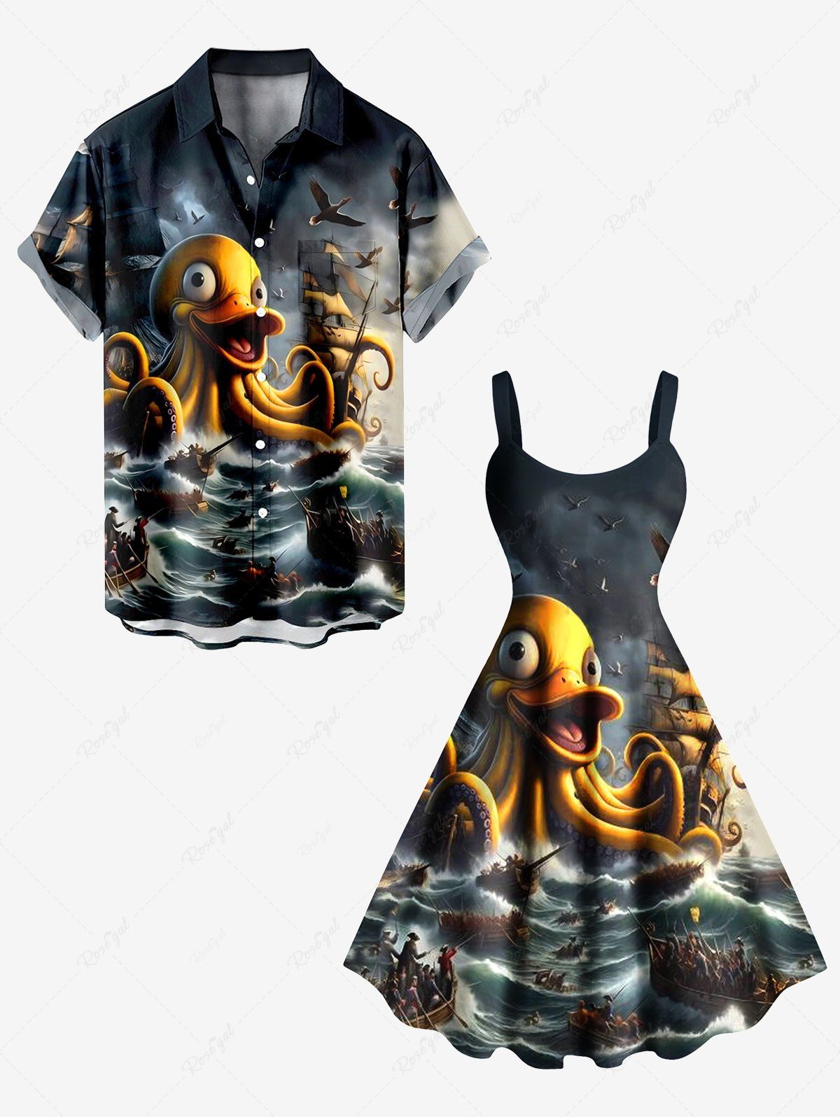 Shops Octopus Ship Sea Waves Cruise Print Plus Size Matching Hawaii Beach Outfit For Couples  