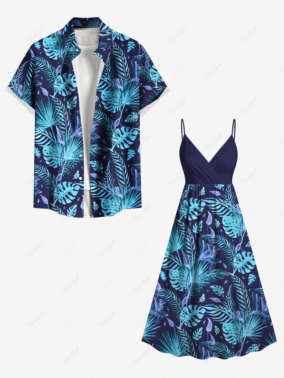 Tenue de plage hawaïenne assortie grande taille à imprimé feuilles tropicales et fleurs pour couples Bleu 