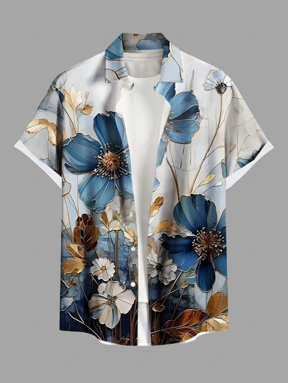 Outfits Plus Size Metallic Flowers Print Buttons Pocket Hawaii Shirt For Men  