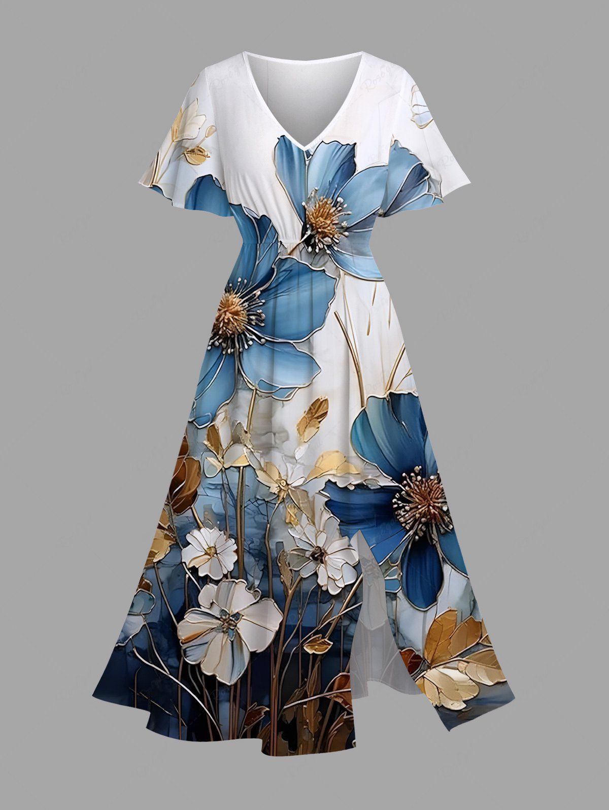 Online Plus Size Metallic Flowers Print Split Hawaii Midi Dress  