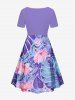 Tenue de plage hawaïenne assortie grande taille à imprimé feuilles tropicales et fleurs d'hibiscus pour couples - Pourpre  
