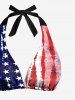 Distressed Patriotic American Flag Print Plunging Halter Backless Bikini Set -  