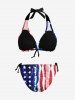 Distressed Patriotic American Flag Print Plunging Halter Backless Bikini Set -  