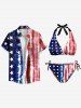Distressed Patriotic American Flag Print Plunging Halter Backless Bikini Set -  