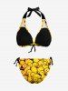 Cute Duck Print Plunging Halter Backless Tied Hawaii Bikini Set -  